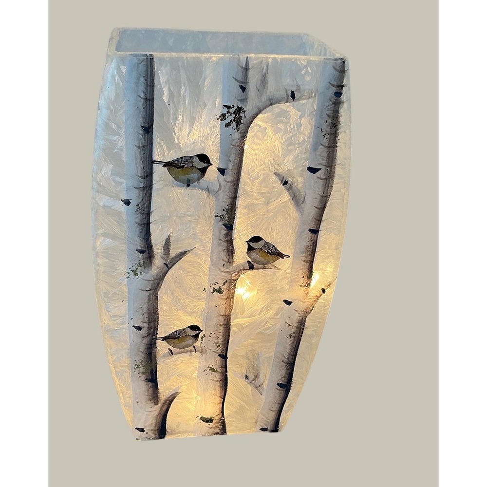 Stony Creek Frosted Glass Light Birch Tree Chickadee Bird Winter Decor Lamp